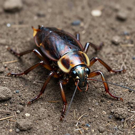 Close-up photograph of a shiny black and orange beetle with yellow rings on its head, walking on rough, dirt-covered ground.