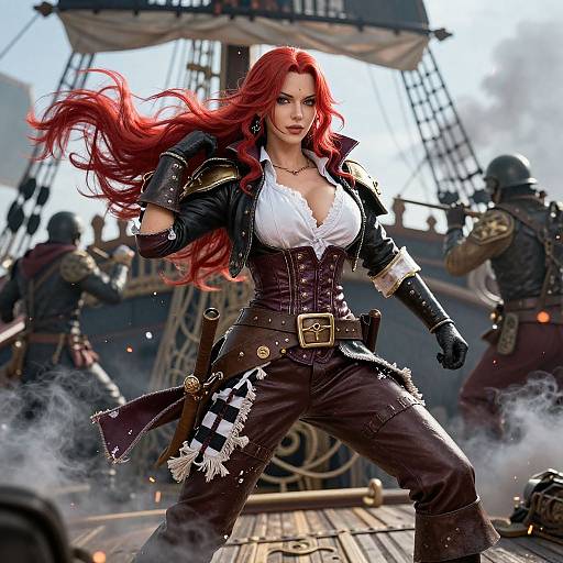 Digital artwork of a fierce red-haired woman with large breasts in a black leather jacket and corset, standing on a pirate ship deck, surrounded by smoke