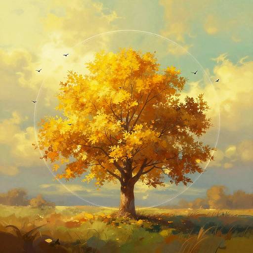 Surreal Golden Autumn Tree with Birds