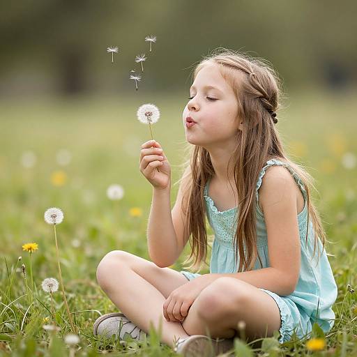 Young girl with long brown hair, wearing a light blue dress, sits in a grassy meadow, blowing on a dandelion, surrounded by