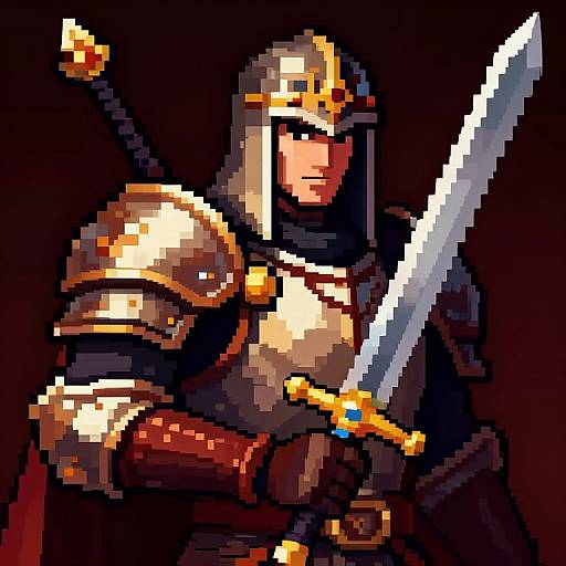 Pixel art of a knight in golden armor, helmet with red emblem, holding a large sword, dark background, determined expression.