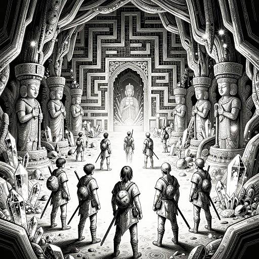 Fantasy Line Art: Adventurers in Crystal Cave