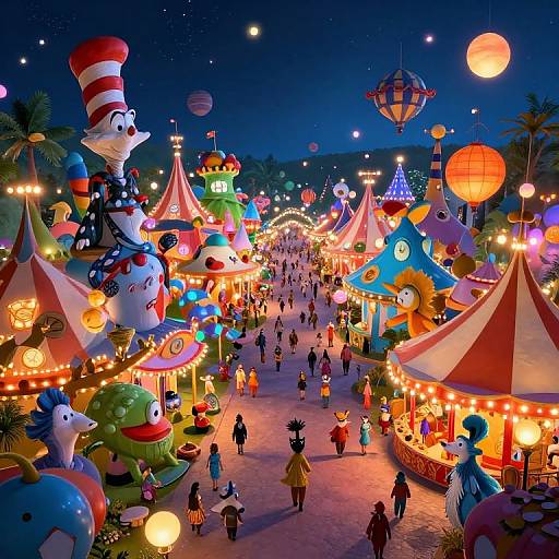 Vibrant, nighttime carnival scene with colorful tents, illuminated balloons, whimsical characters, and crowds of people, featuring Dr. Seuss-like fantasy
