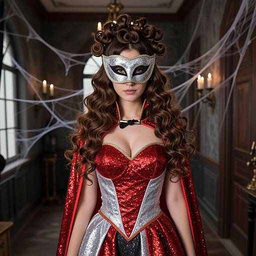 Photograph of a woman in a sparkly red and silver Halloween costume with a black bow tie, white masquerade mask, and curly brown hair