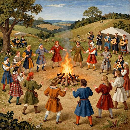 Detailed, colorful painting of a medieval village scene with people dancing around a campfire, surrounded by trees, hills, and music players.