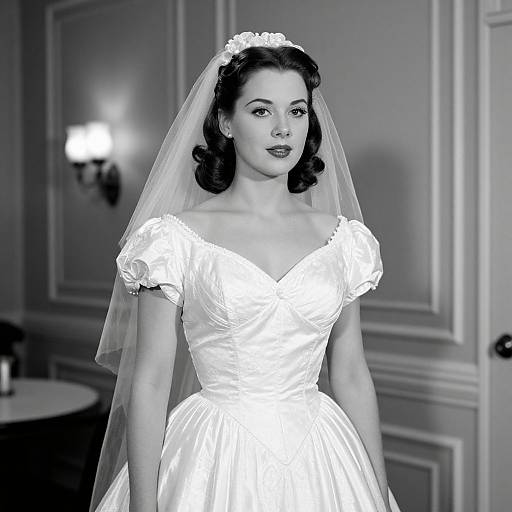 Black-and-white photograph of a 1950s-style bride with curly hair, wearing a white, off-shoulder, V-neck dress and veil