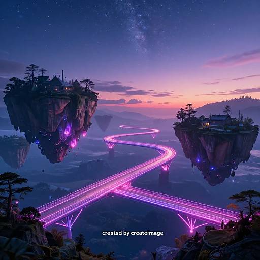 Digital fantasy artwork: Glowing purple neon bridges connect floating islands at twilight, surrounded by a starry sky and illuminated trees. Created by CreatiMag