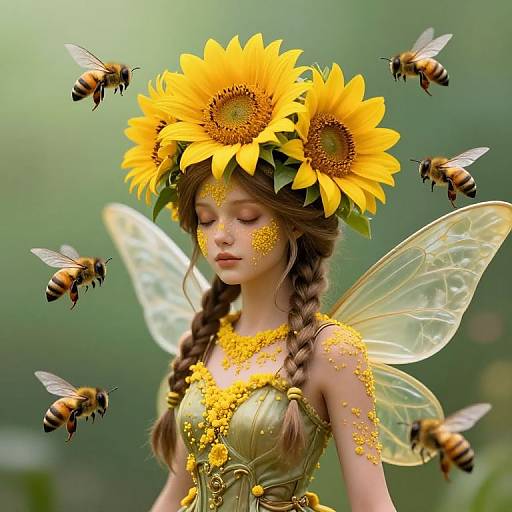 Digital painting of a fairy-like girl with sunflower crown, yellow pollen makeup, translucent wings, and surrounded by buzzing bees.