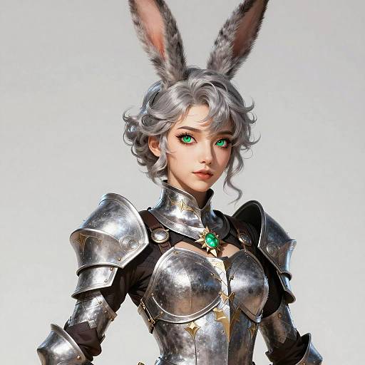 Digital artwork of a silver-haired, green-eyed, bunny-eared warrior woman in shiny silver armor with a green gem at her chest.