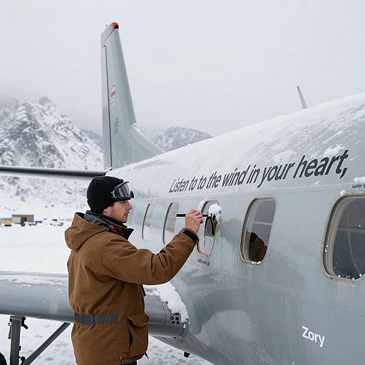 Man Writing on Snow-Covered Aircraft in Mountainous Winter Scene