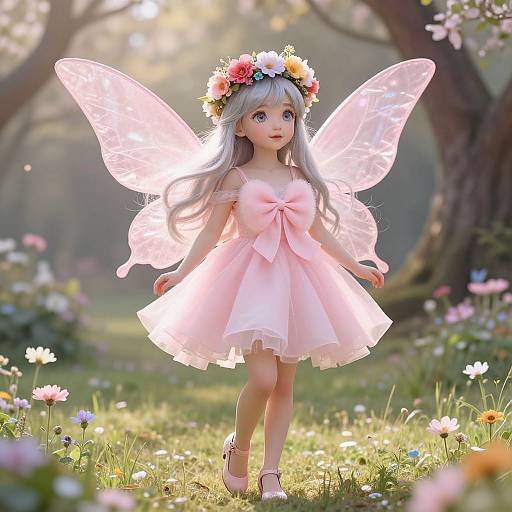 Pink Fairy with Flower Crown in Enchanted Meadow