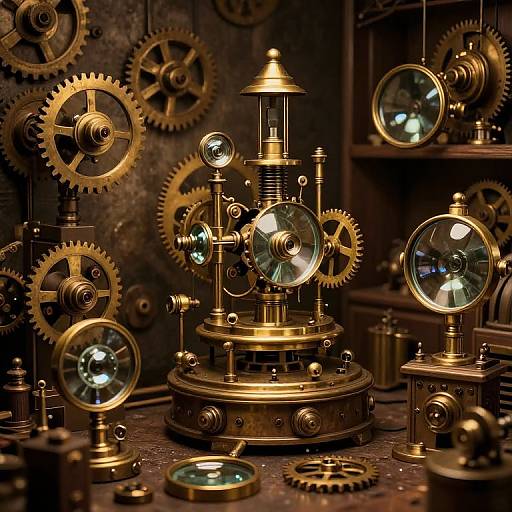 Photograph of intricate, golden steampunk clockwork machinery with large gears, glass lenses, and brass elements, set against a dark, industrial background