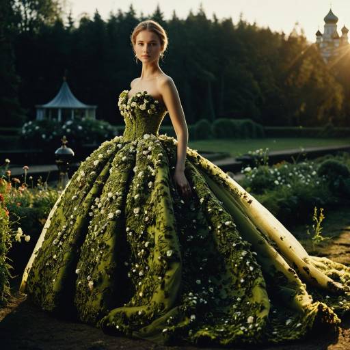 Woman in Moss and Flower Ballroom Gown at Sunset