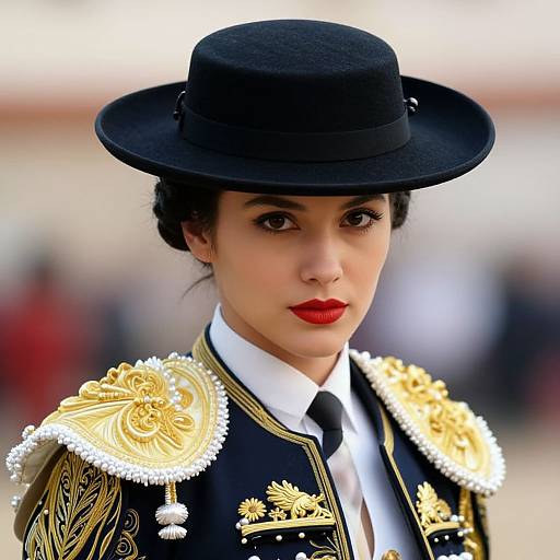 Photograph of a Latina woman with fair skin and black hair, wearing a black hat, red lipstick, and ornate black and gold bullfighter jacket