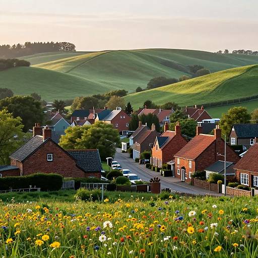 Photograph of a picturesque countryside village with red brick houses, green rolling hills, a flower-filled meadow in the foreground, and a clear sky.