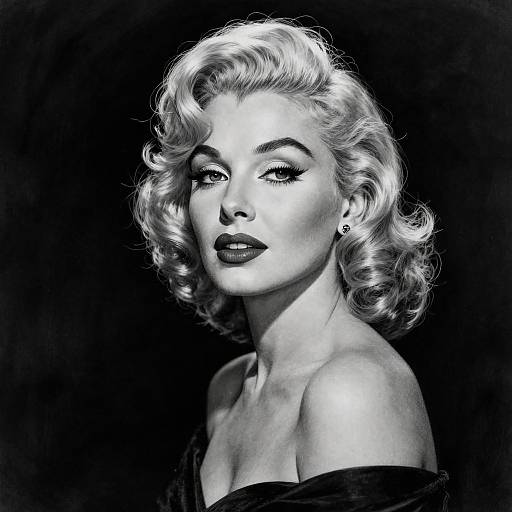Black-and-white digital portrait of a glamorous, fair-skinned woman with platinum blonde, curly hair, bold dark lipstick, and a single earring,