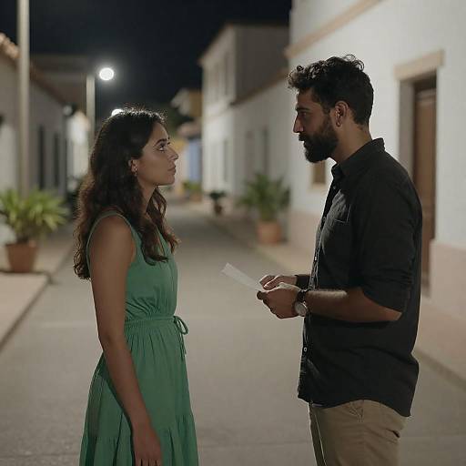 Nighttime street conversation with paper exchange