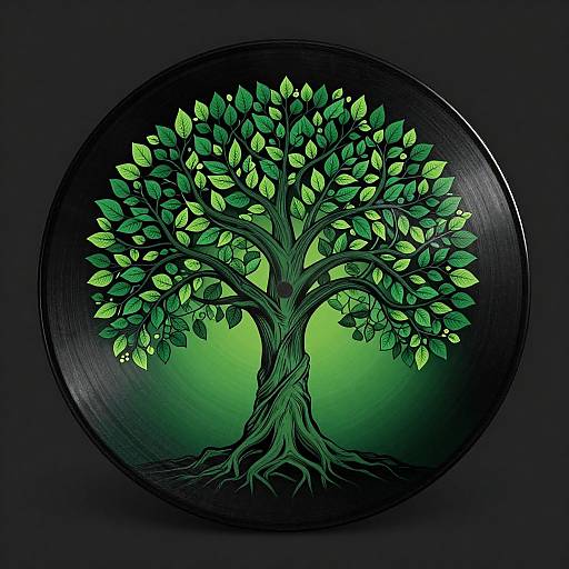 Digital drawing of a vibrant green tree with detailed leaves and roots, centered within a circular black background with a gradient green glow.