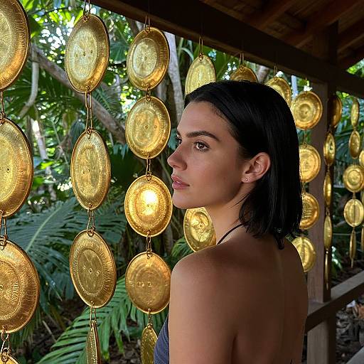 Photograph of a young woman with wet black hair, olive skin, and small earrings, standing in a tropical setting with glowing, golden, oval lantern