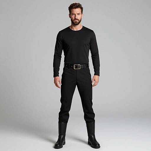 Photograph of a bearded man with short brown hair, wearing a black long-sleeve shirt, black pants, belt, and black boots,