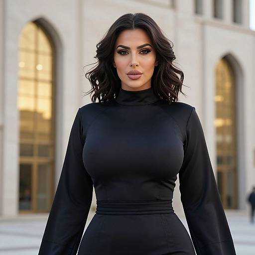 Photograph of a confident woman with wavy black hair, wearing a form-fitting black long-sleeve dress, standing in front of a blurred