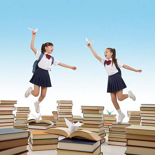 Photograph of two Japanese schoolgirls in white shirts and navy skirts joyfully jumping over stacks of books, holding paper airplanes, against a bright blue sky