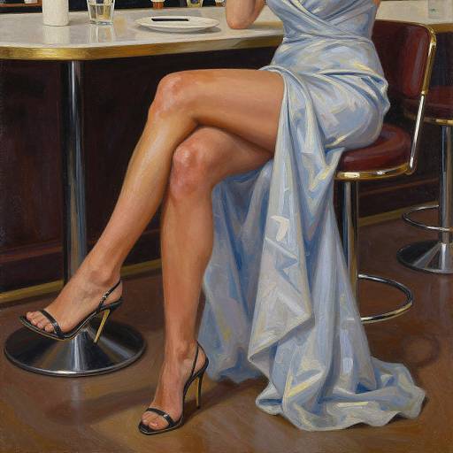 Photograph of a woman in a shimmering blue satin dress, crossing her toned legs while seated on a bar stool, wearing black high-heeled sandals