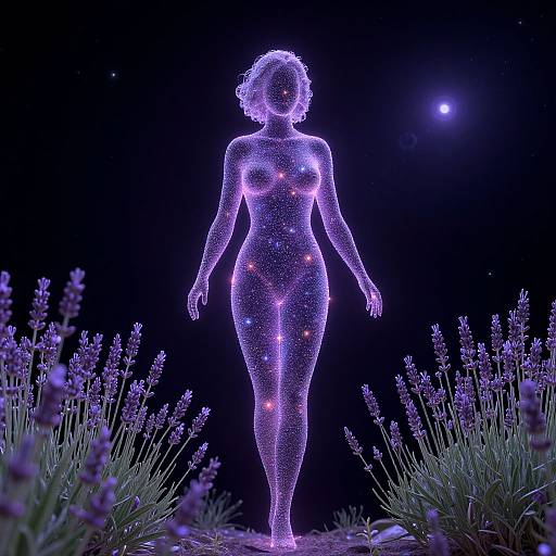 Neon-lit, glowing silhouette of a nude woman with curly hair standing among lavender plants under a starry night sky. Digital art.