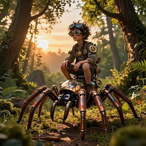Steampunk boy in goggles and mechanical spider suit, sitting in a sunlit forest, surrounded by lush greenery and tall trees. Digital art.