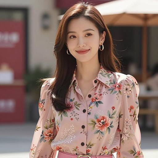 East Asian Woman in Pink Floral Blouse