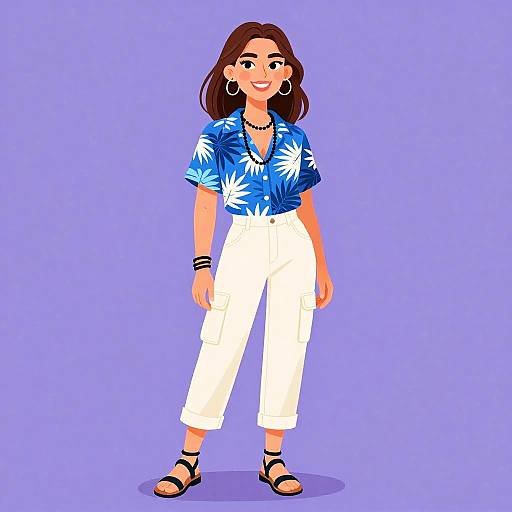Digital illustration of a smiling woman with brown hair, wearing a blue floral shirt, white pants, black sandals, hoop earrings, and bracelets, against a