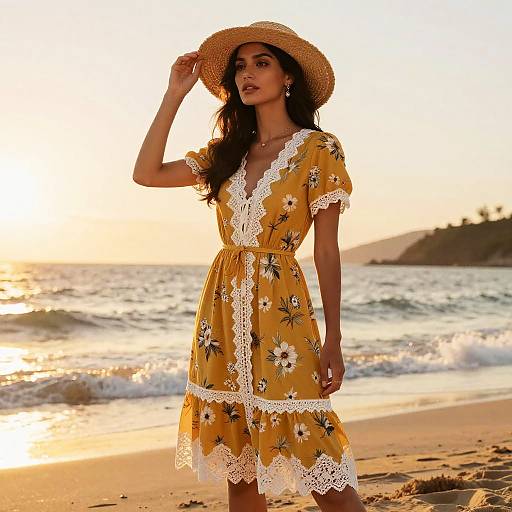 Photograph of a slender, dark-haired woman in a yellow floral dress with white lace trim, wearing a straw hat, standing on a sunlit beach