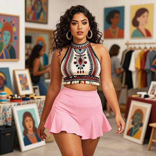 Curvy Woman in Tribal Crop Top and Pink Mini Skirt at Art Exhibition