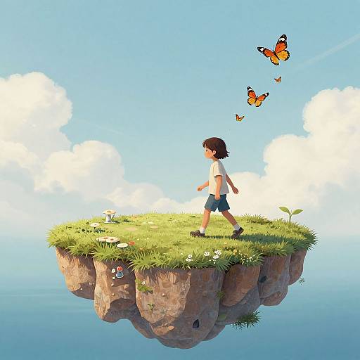 Digital illustration of a young boy in a white shirt and blue shorts, walking on a floating grassy island, with three orange butterflies flying above. Blue