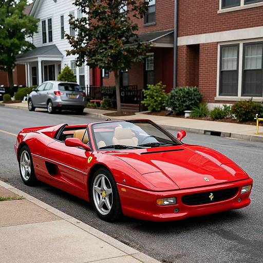 Photograph of a bright red, classic Ferrari convertible parked on a suburban street with red brick houses, white house, and two cars.