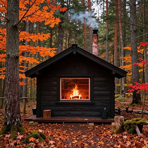 Photograph of a black wooden cabin with a roaring fire in the window, surrounded by vibrant autumn leaves and tall pine trees.