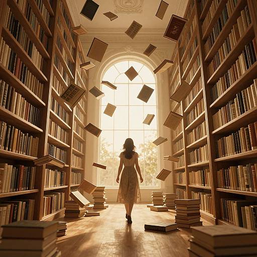 Photograph-like digital art: Silhouette of woman in white dress, surrounded by floating books, walking through sunlit library with tall arched window and