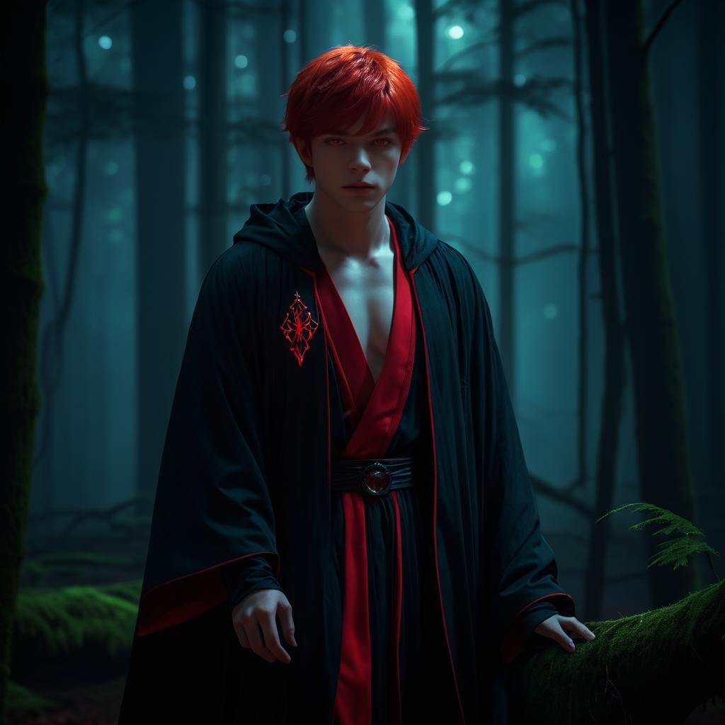 Epic Red-Haired Wizard in Dark Forest