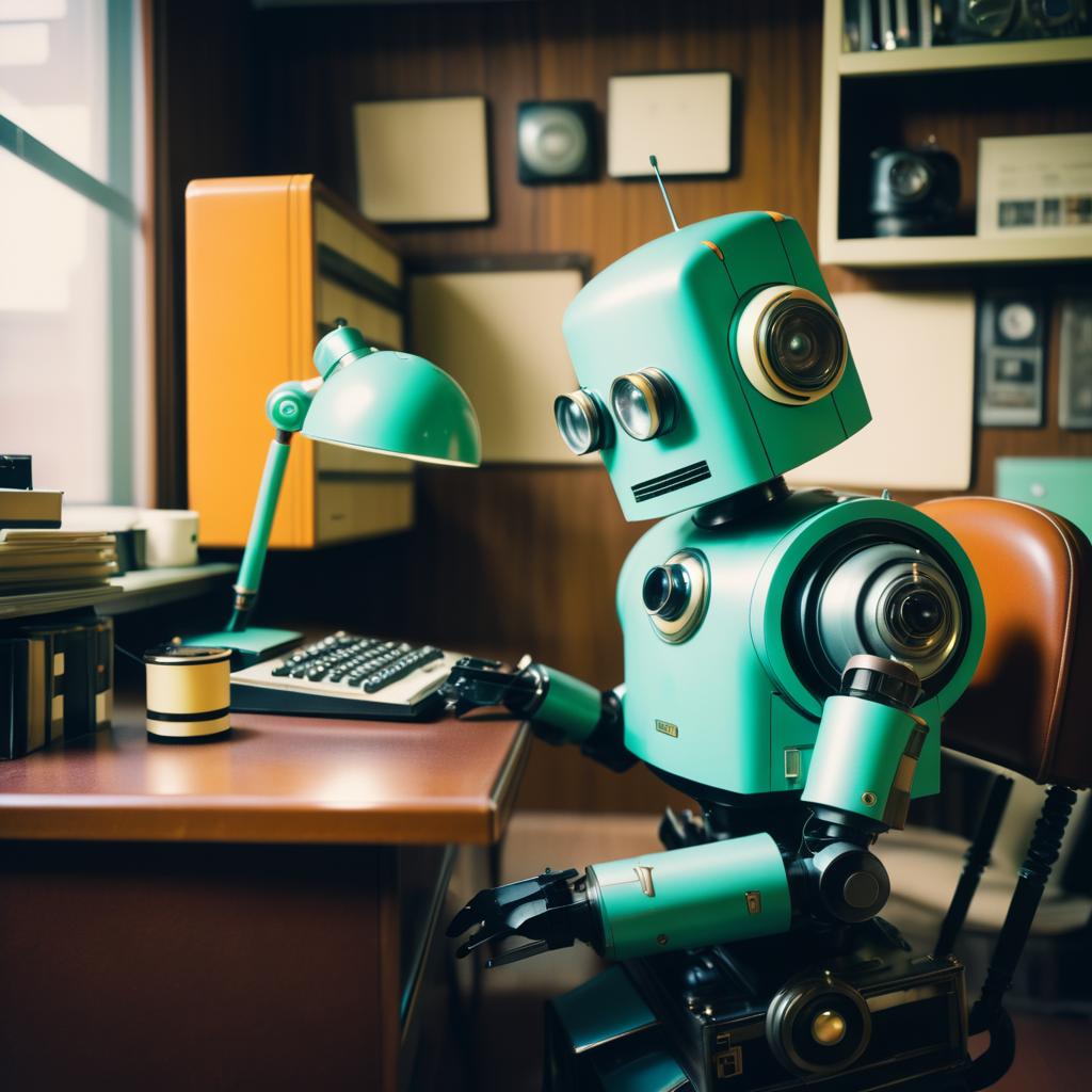 Curious Robot at a Vintage Desk