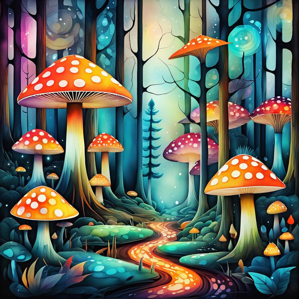 Surreal Retro Forest with Glowing Mushrooms