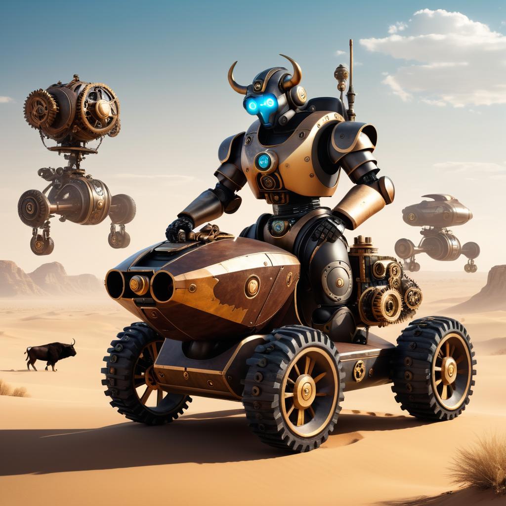 Steampunk Robot Buffalo Herder in Desert