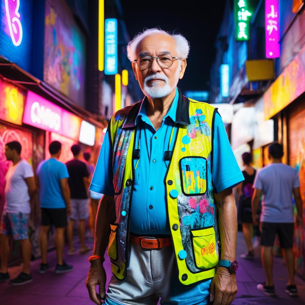 Elderly Sculptor in Neon City Vibes