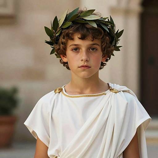 Photograph of a young boy with curly brown hair, wearing a white Roman-style tunic and olive leaf crown, standing against a blurred stone building.
