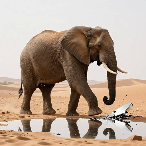 Photograph of a large, gray African elephant with white tusks walking on sandy desert terrain, creating a reflection in a small puddle beside shattered ice