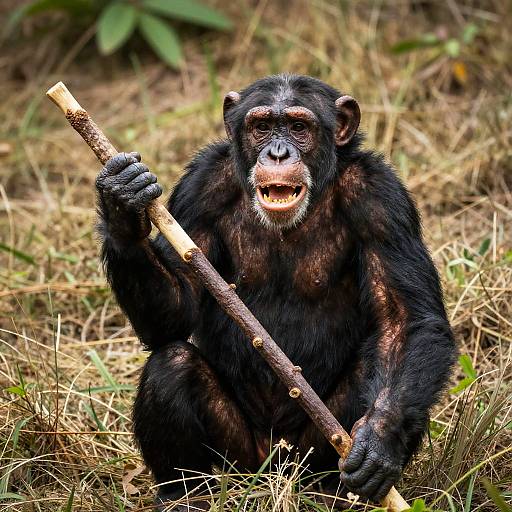 Chimpanzee Holding Stick in Natural Habitat