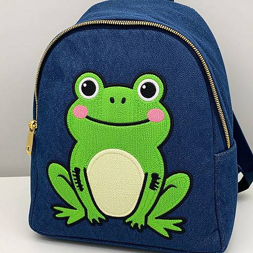 Photograph of a blue denim backpack with a colorful, cartoon green frog with pink cheeks and a yellow belly, centered on the front, featuring a gold