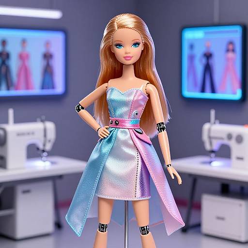 Photorealistic CGI doll with long blonde hair, blue-green eyes, wearing a shiny, multicolored dress, standing in a modern sewing studio.