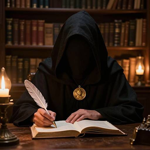 Photograph of a hooded figure in black robe writing with a white feather quill on an open book in a dimly lit library. Warm lamps