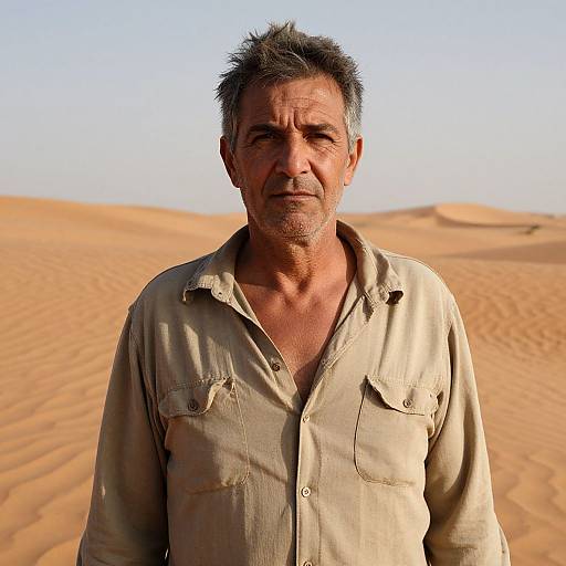 Photograph of a middle-aged, weathered man with short, dark hair, wearing a beige, button-up shirt, standing in a sunlit desert