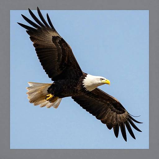 Photograph of a majestic bald eagle with black feathers, white head, and yellow beak soaring against a clear blue sky.